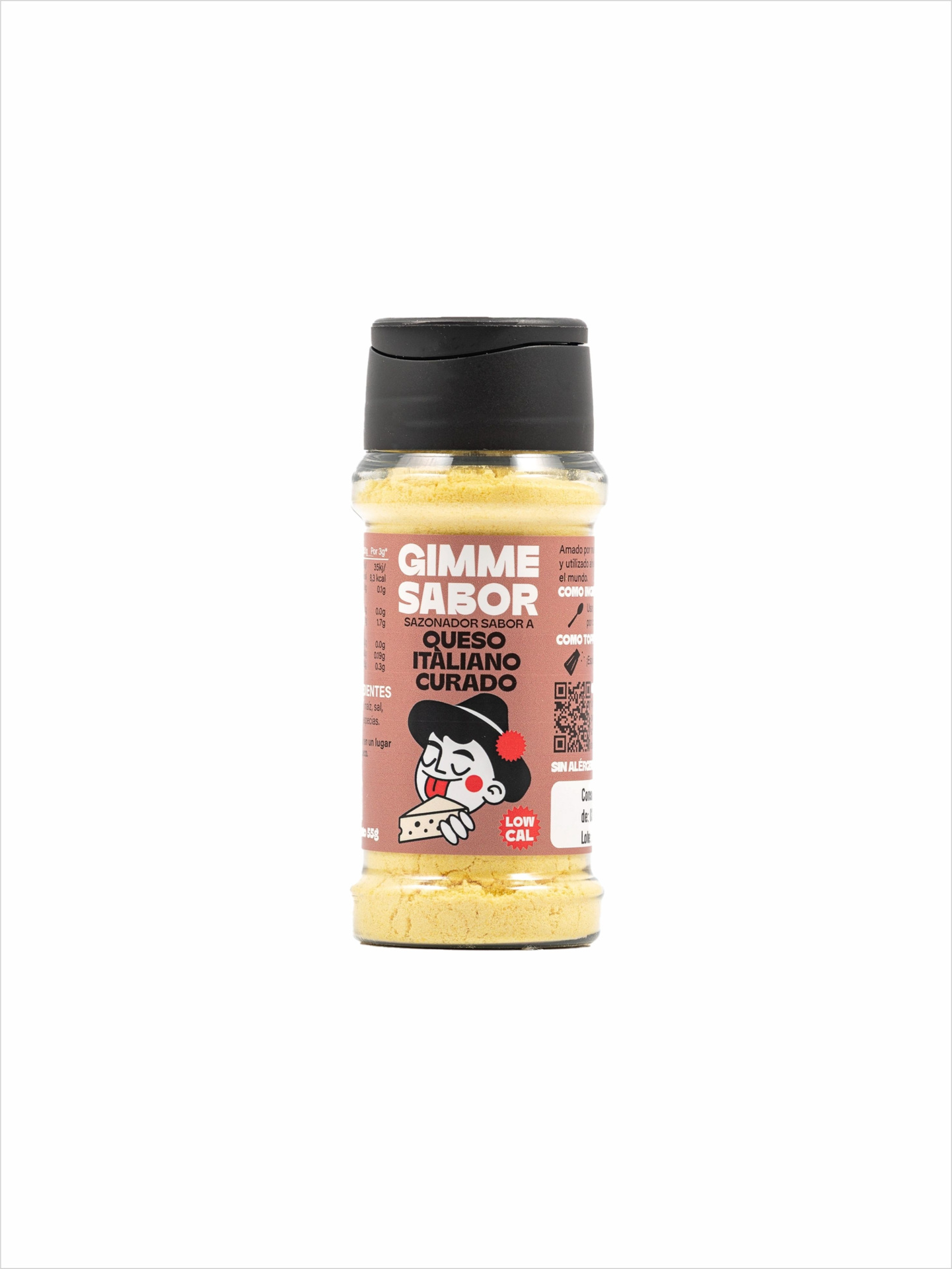 Tempero com sabor a queijo #GimmeSabor sem glúten Frasco de tempero sabor queijo italiano curado com tampa preta e rótulo rosa