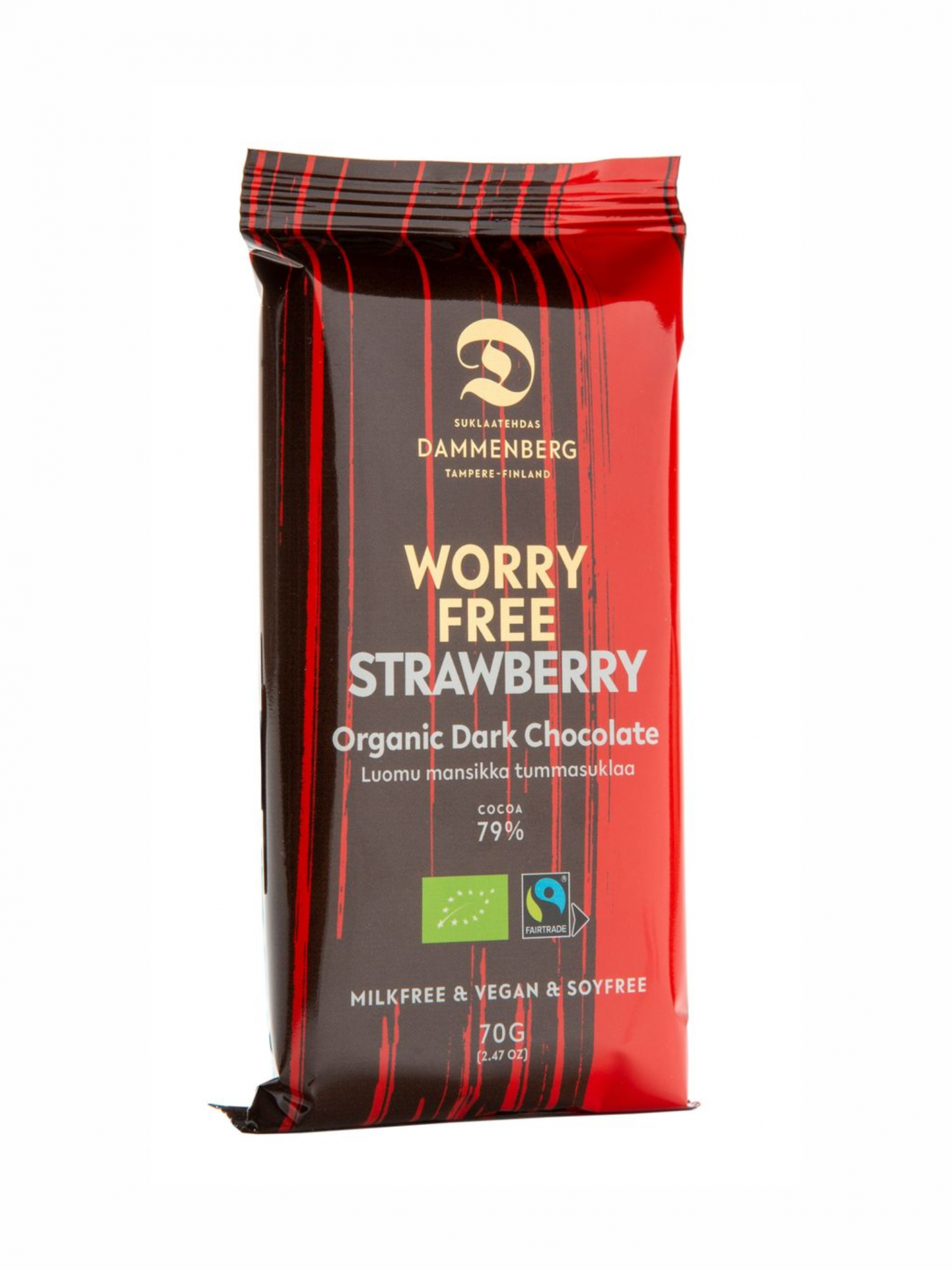 Worry free chocolate morango 70g #Dammenberg sem glúten Barra de chocolate orgânico escuro sabor morango com embalagem vermelha e preta da marca DAMMENBERG