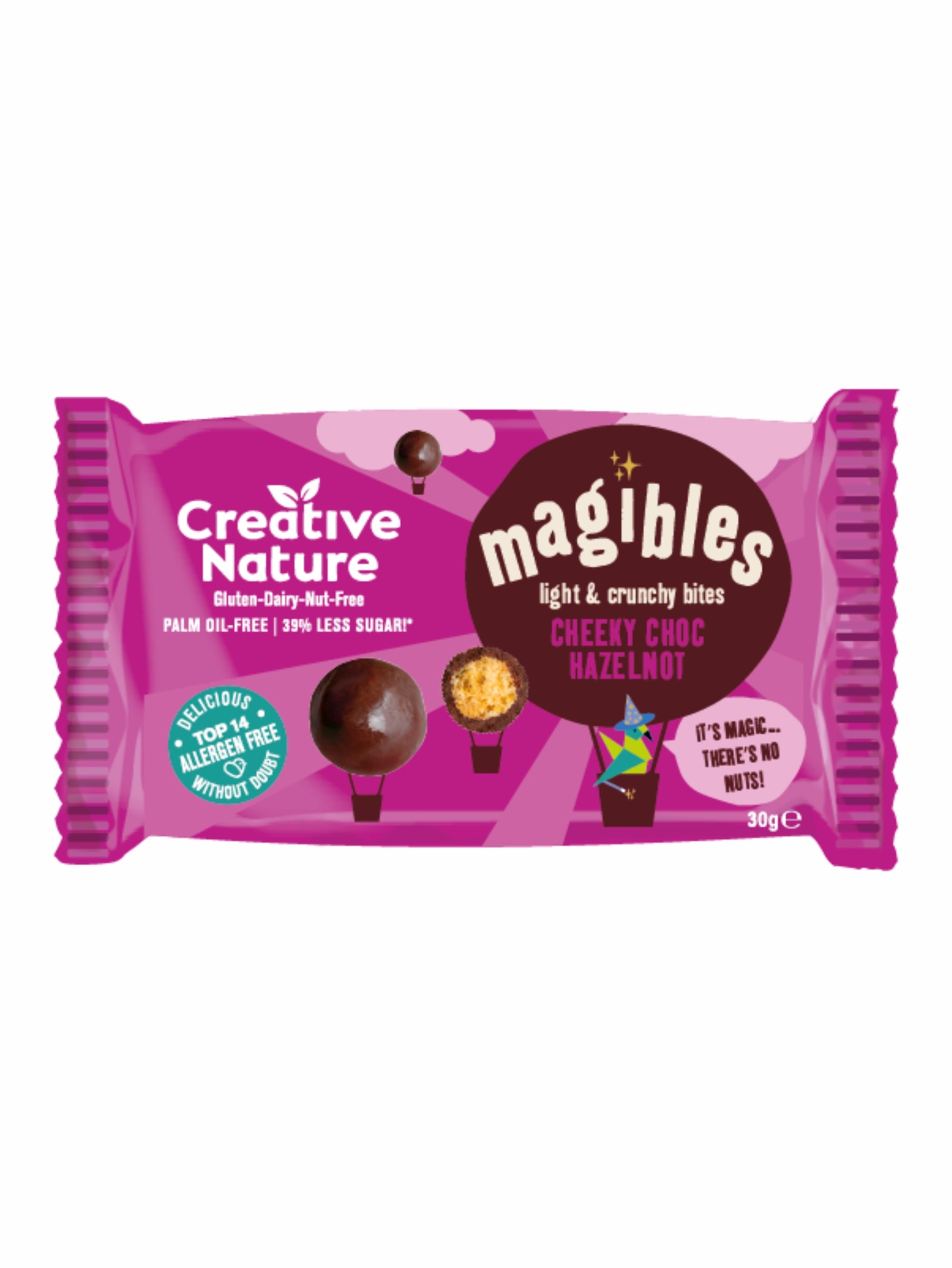 Magibles - bolinhas de chocolate #CreativeNature sem glúten Embalagem rosa de chocolate crocante magibles cheeky choc hazelnut Creative Nature