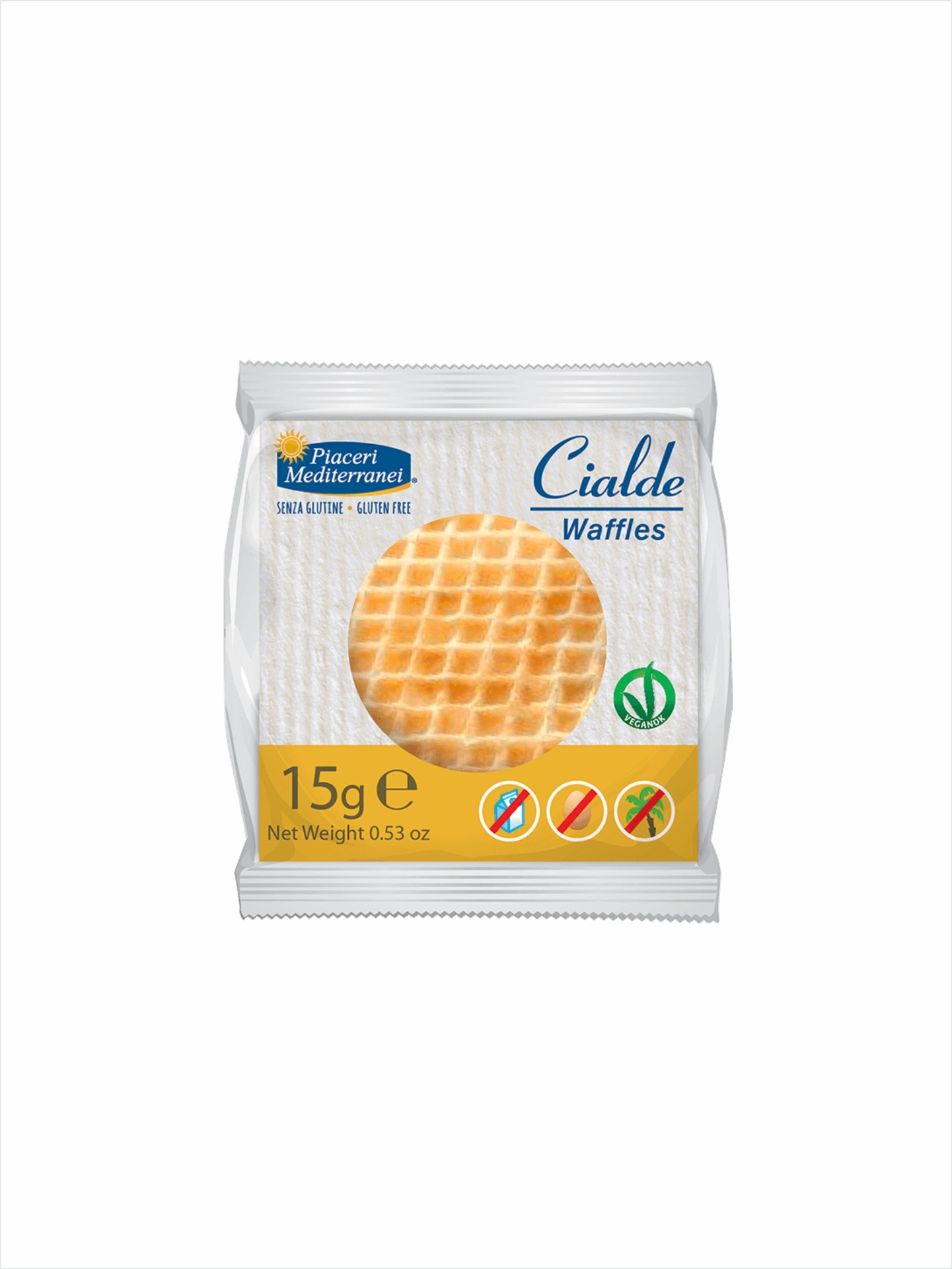 Bolacha wafers sem glúten #PiaceriMediterranei Pacote branco de waffle com texto e símbolos, 15g, sem glúten, vegan.