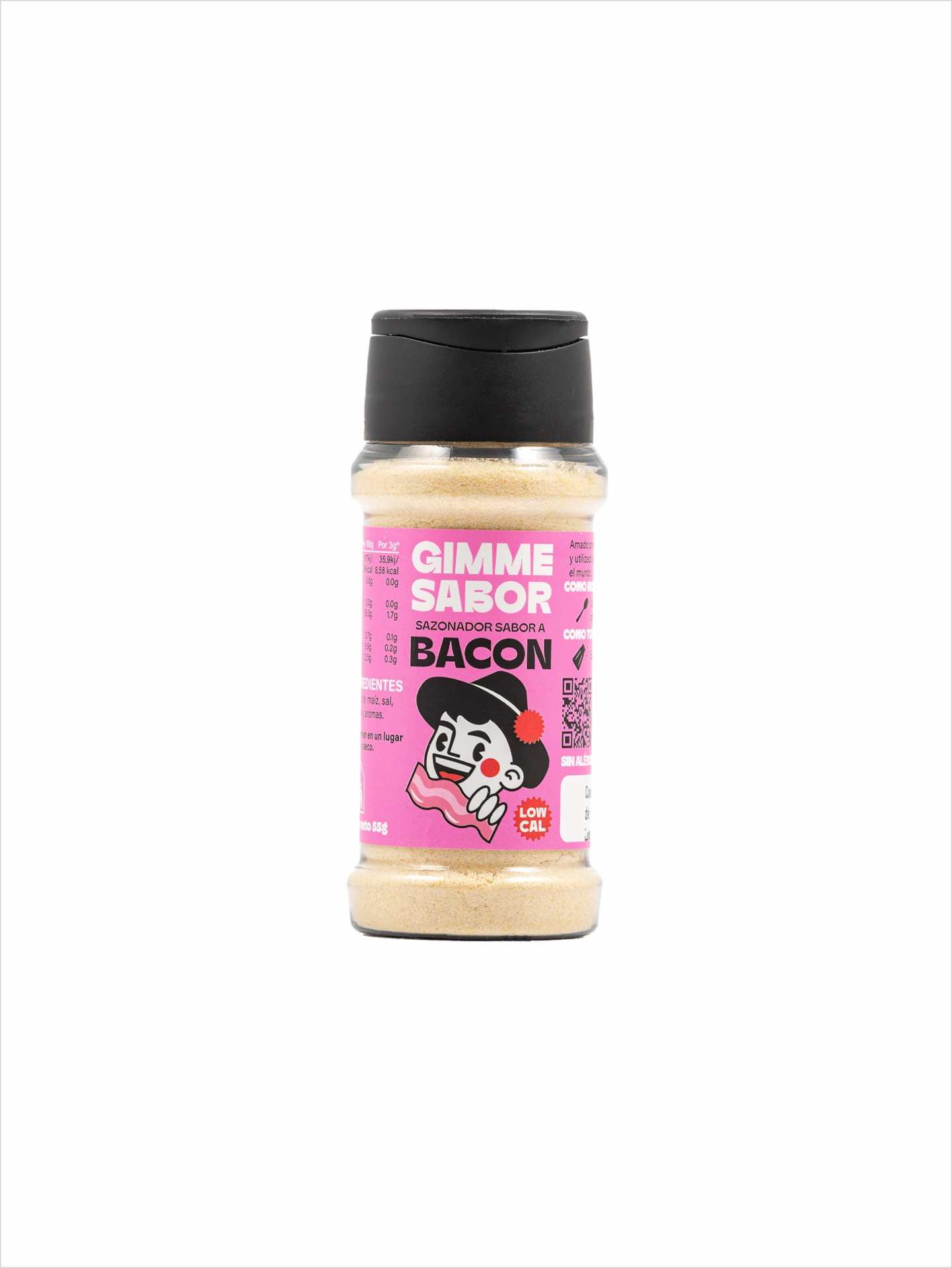Tempero com sabor a bacon #GimmeSabor sem glúten Frasco de tempero sabor bacon com tampa preta e etiqueta rosa