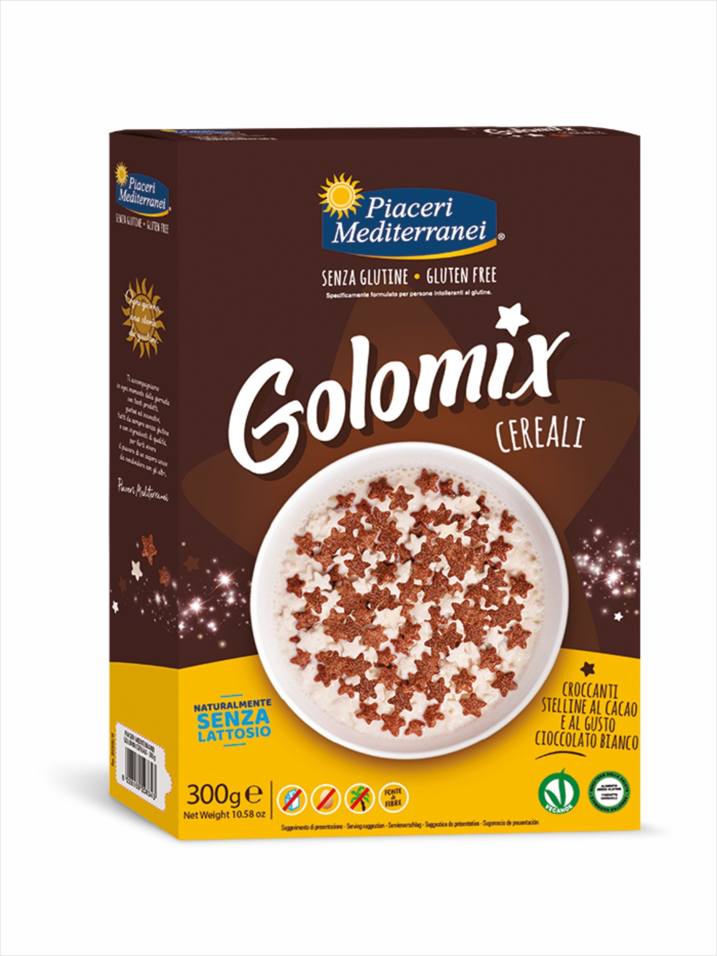 Estrelinhas mix sem glúten #PiaceriMediterranei Caixa de cereais Golomix Piaceri Mediterranei sem glúten e lactose em embalagem castanha e amarela com imagem de cereais em forma de estrelas