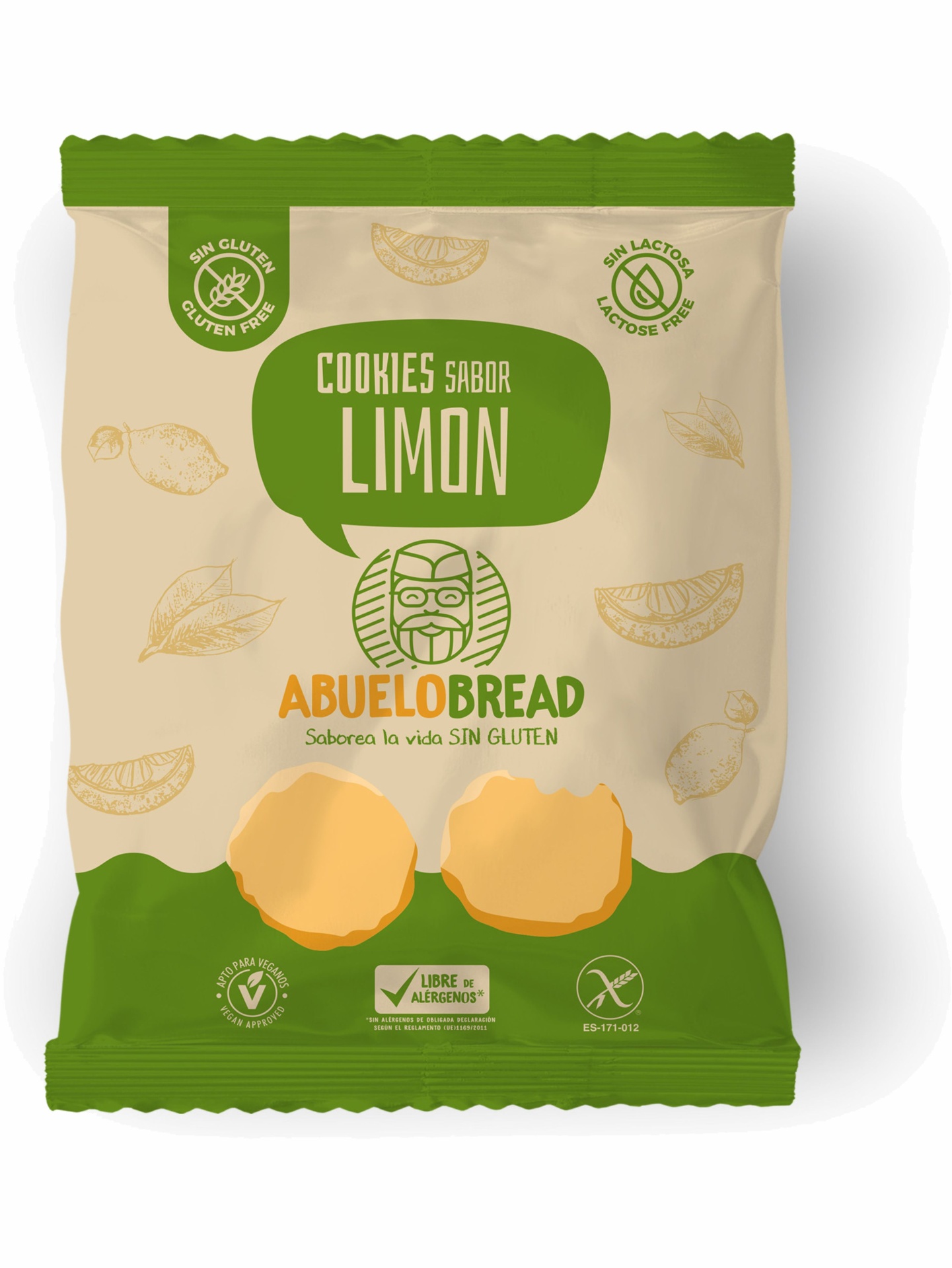 Bolachas de limão #AbueloBread sem glúten Pacote de cookies sabor limão ABUELO BREAD com fundo verde e bege e ilustrações de limões.
