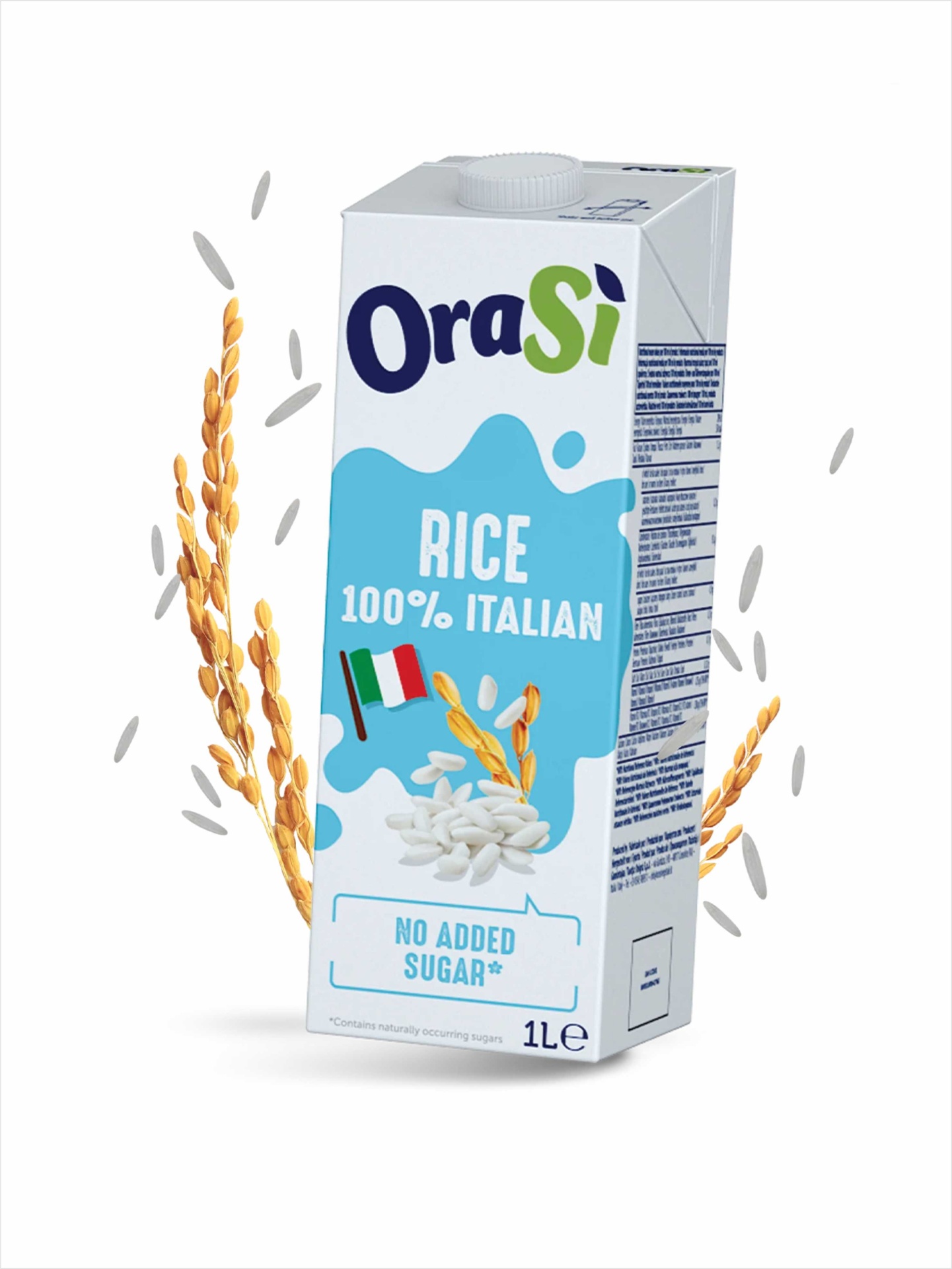 Bebida de arroz sem açúcar #Orasi Pacote de bebida vegetal OraSi de arroz com design branco e azul e texto informativo