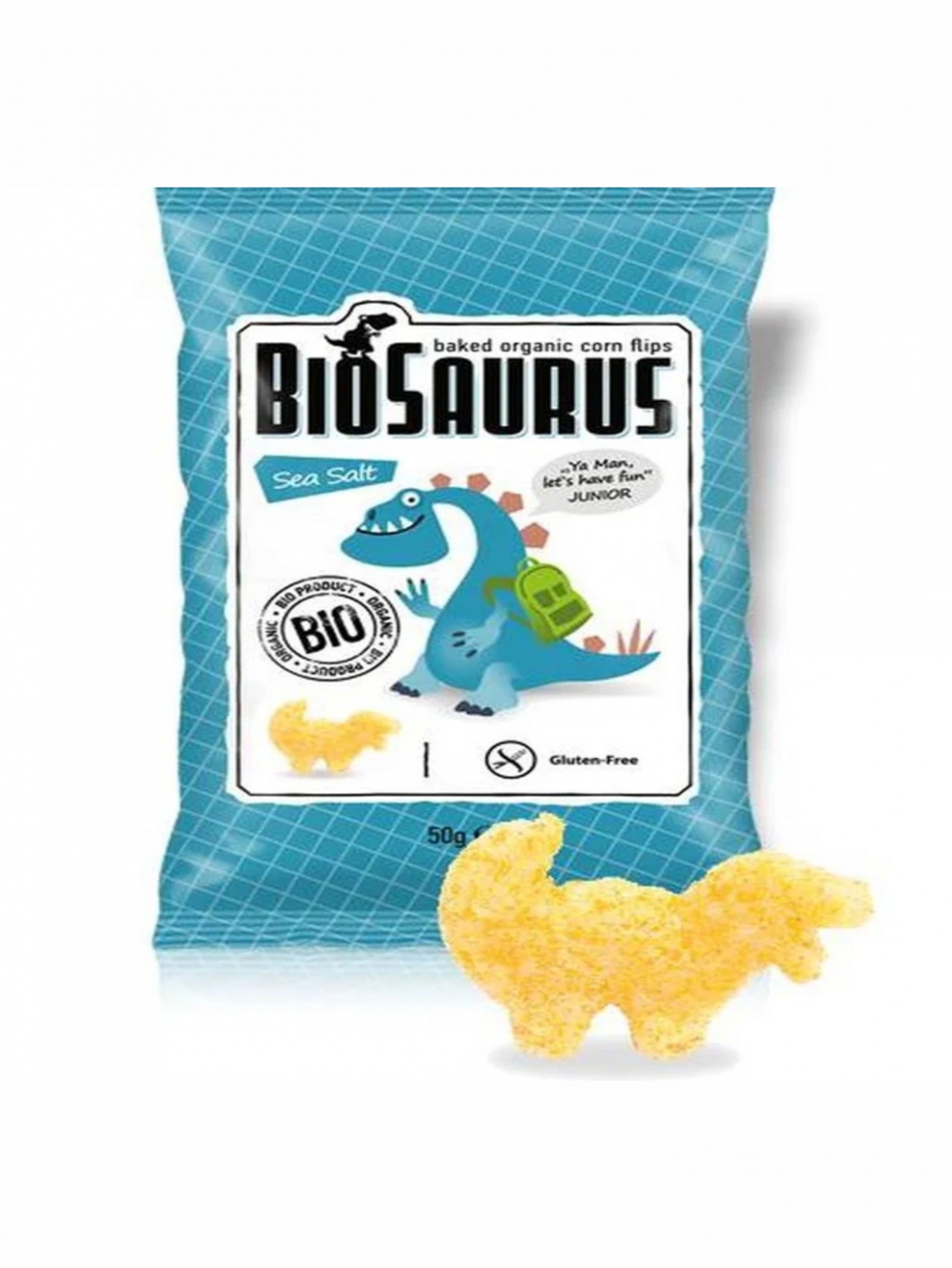 Snack de milho #BioSaurus sem glúten Embalagem azul de snacks BIOSAURUS com desenho de dinossauro e snacks amarelos em forma de dinossauro