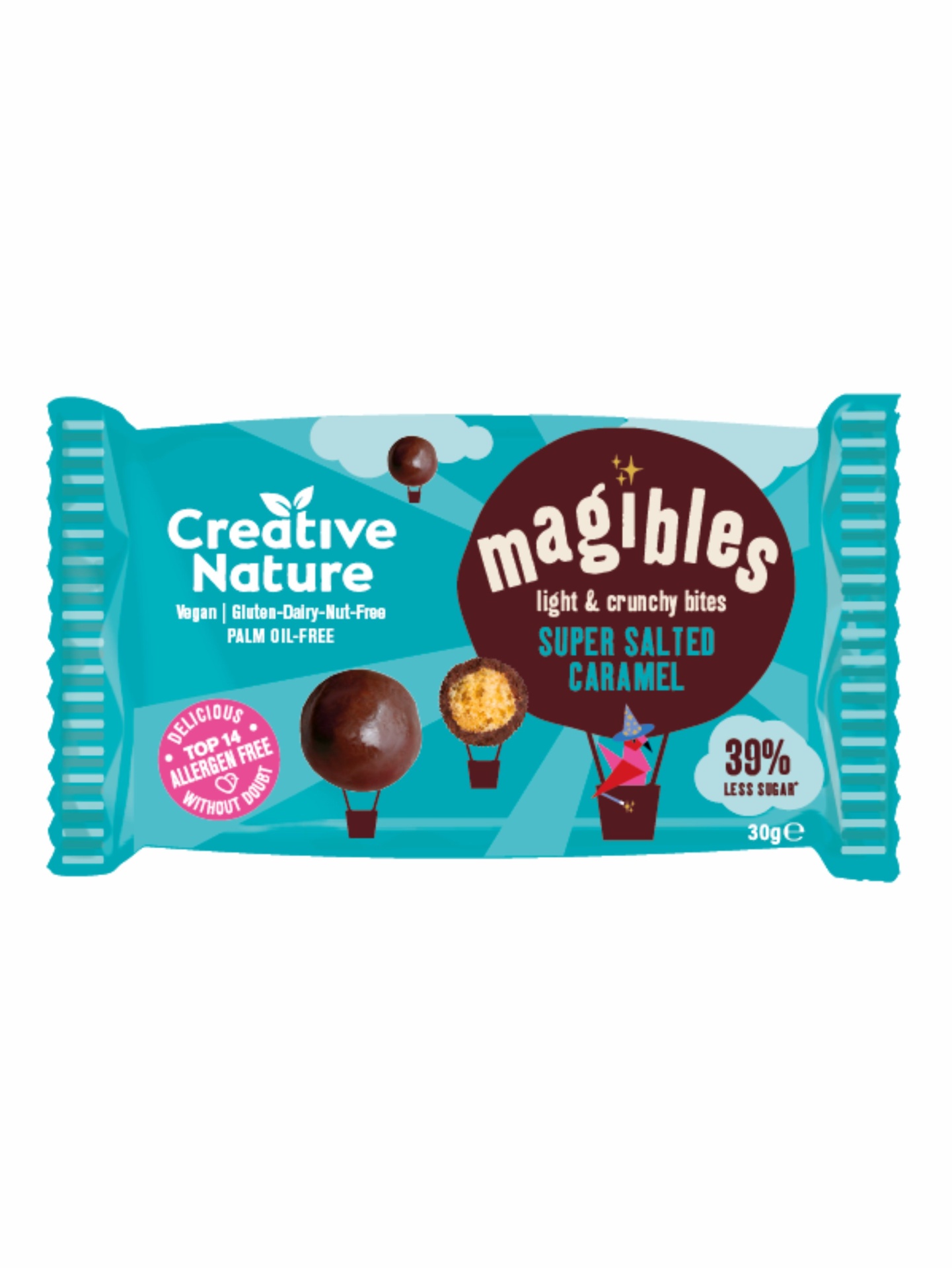 Magibles - bolinhas de caramelo salgado #CreativeNature sem glúten Embalagem azul de barra magibles Super Salted Caramel da Creative Nature
