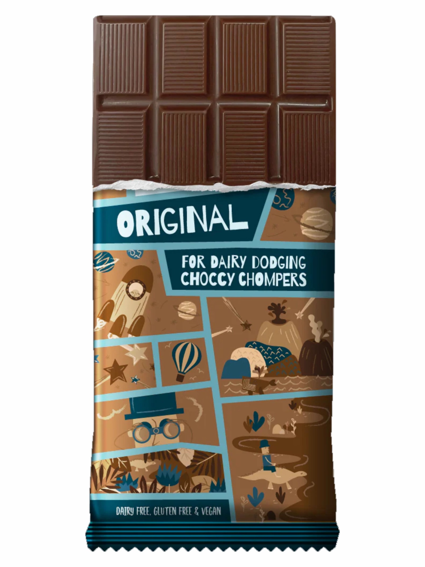 Chocolate Original #MooFree sem glúten Barra de chocolate com embalagem colorida parcialmente aberta