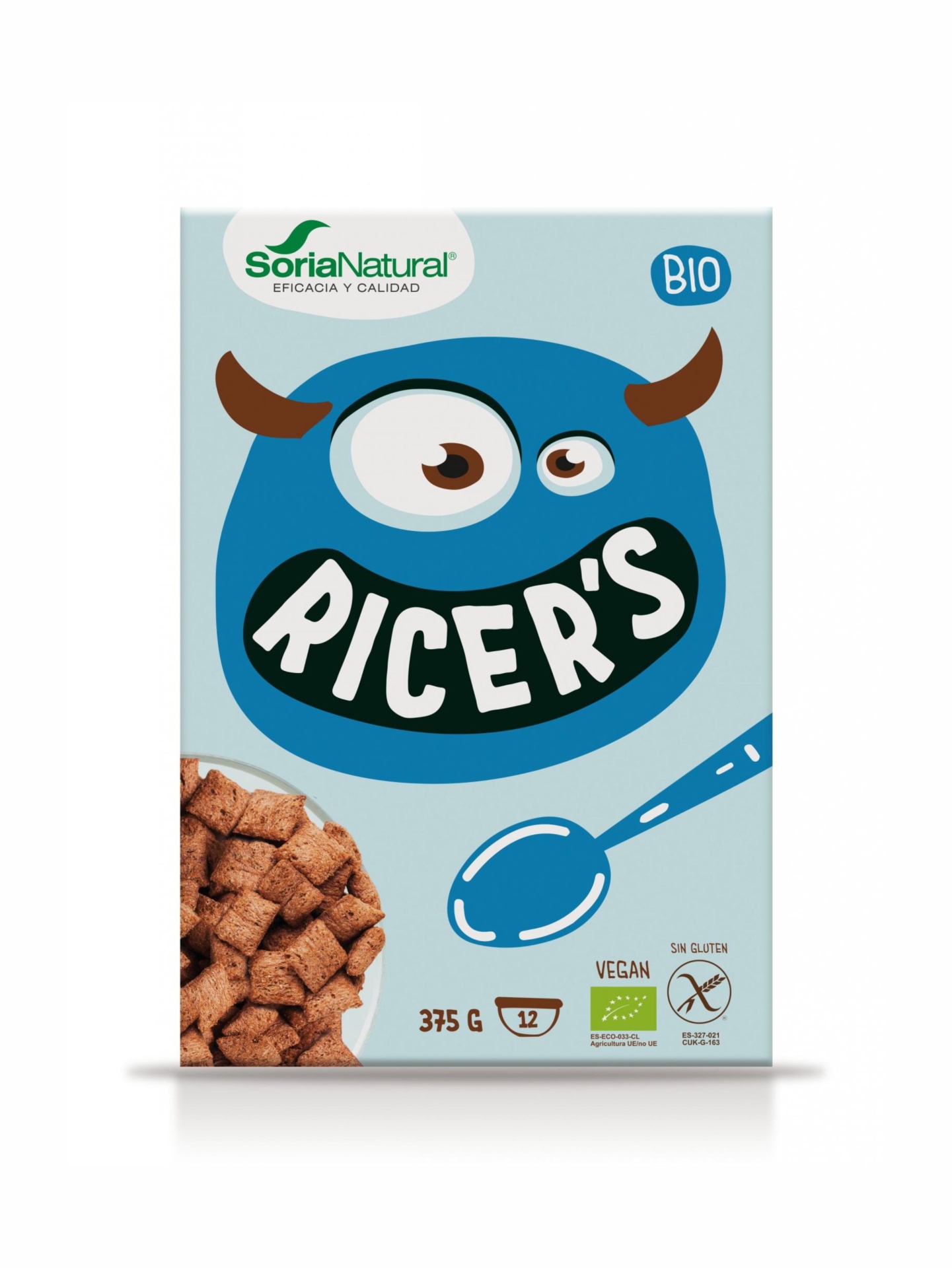 Almofadinhas recheadas com chocolate #Soria sem glúten Pacote azul de cereais Ricers com ilustração de monstro e texto BIO e vegan