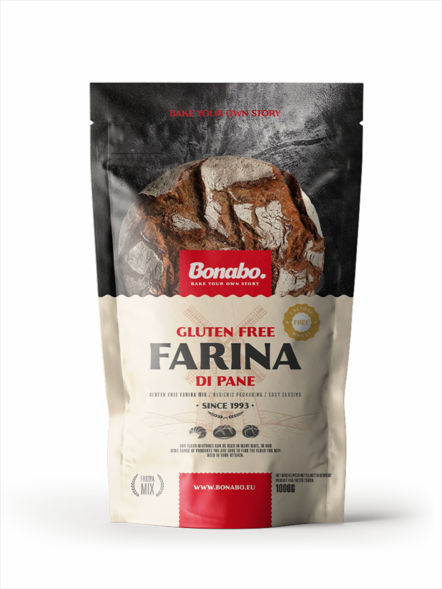 Preparado para pão sem glúten 1 kg #Bonabo Embalagem de farinha de pão sem glúten Bonabo com imagem de pão