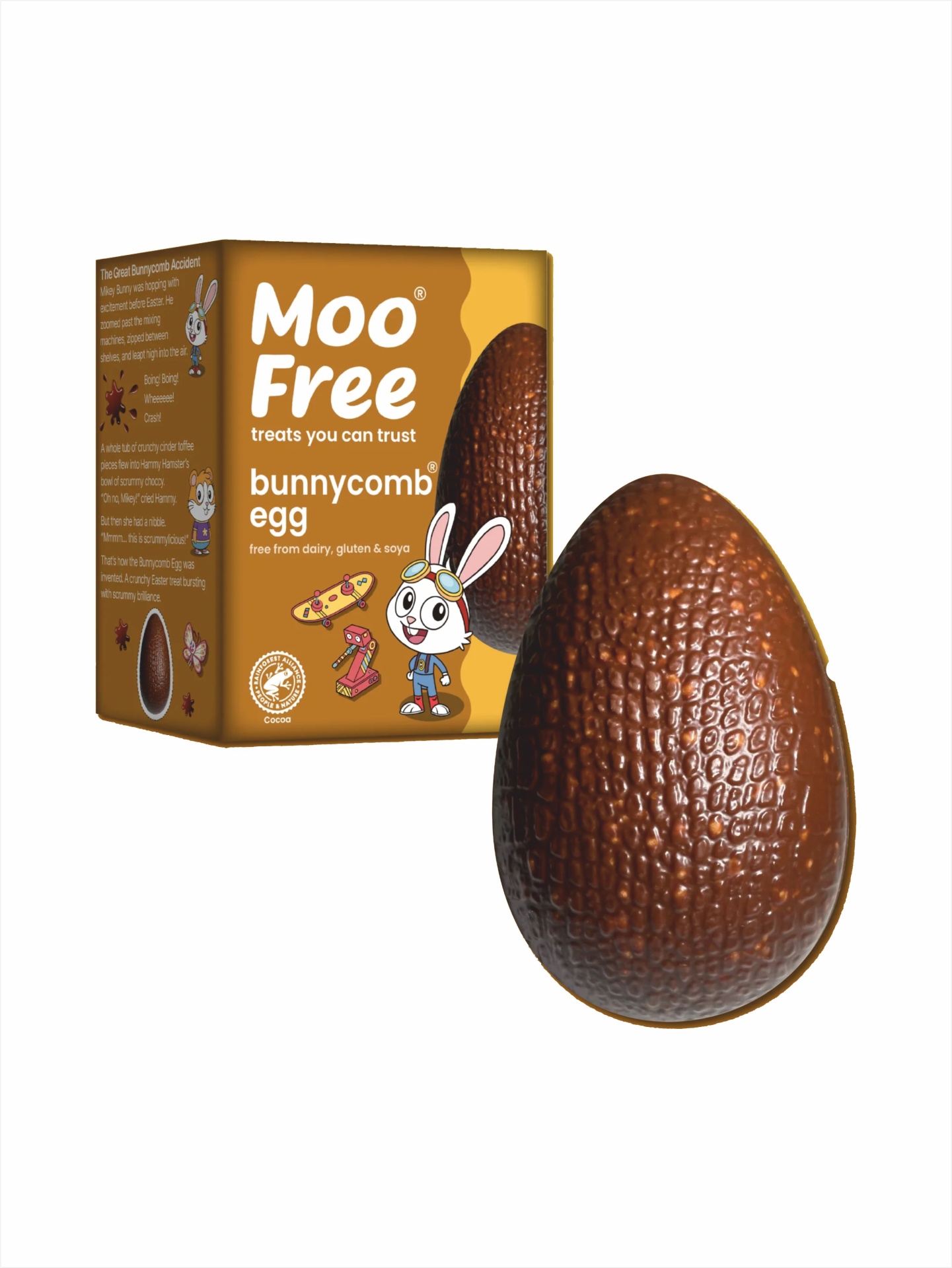 Ovo de Páscoa bunny comb #MooFree sem glúten Embalagem castanha e ovo de chocolate com textura de favo de mel
