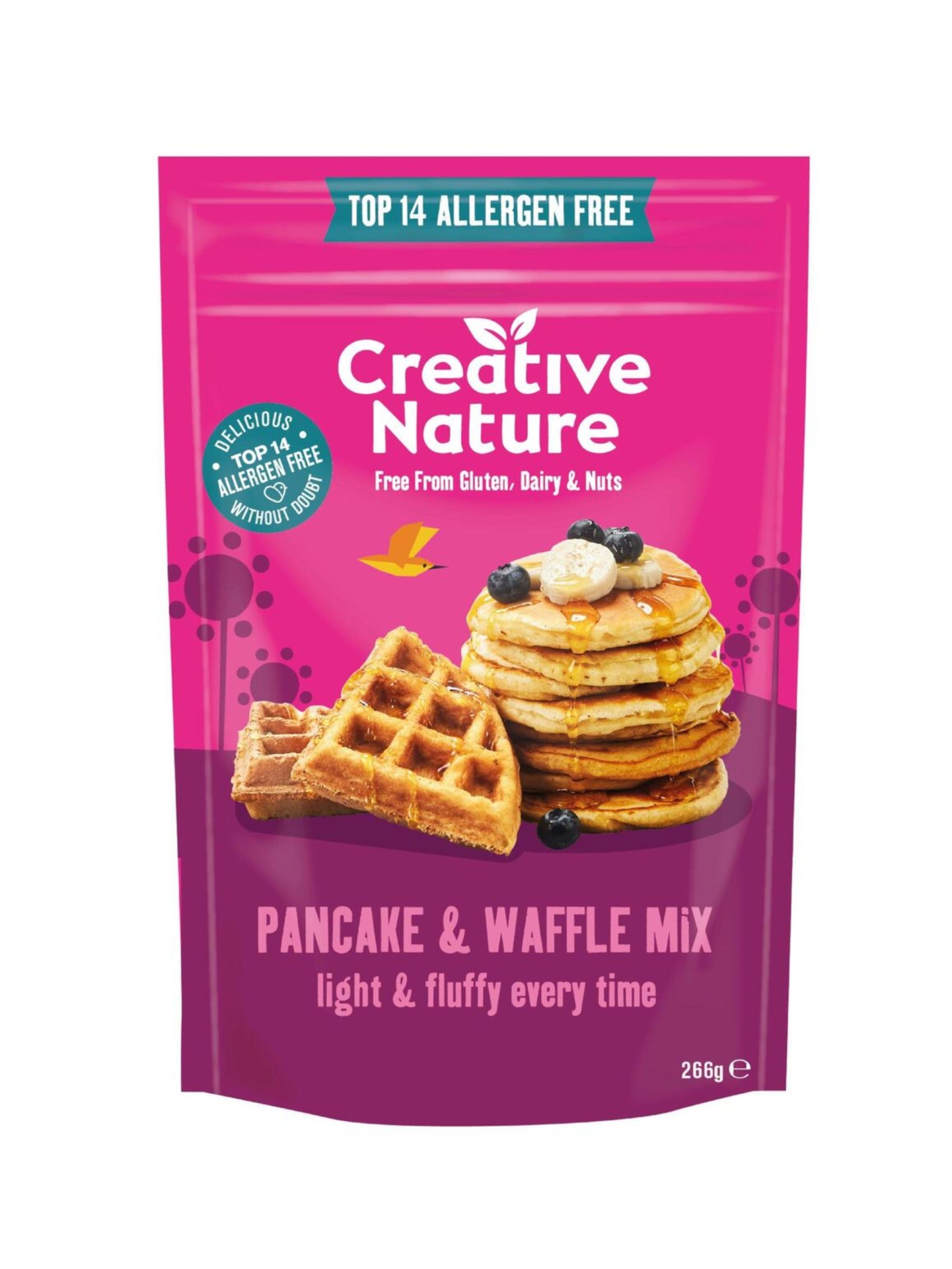 Preparado waffles e panquecas #CreativeNature sem glúten Embalagem rosa e roxa Creative Nature mistura para panquecas e waffles