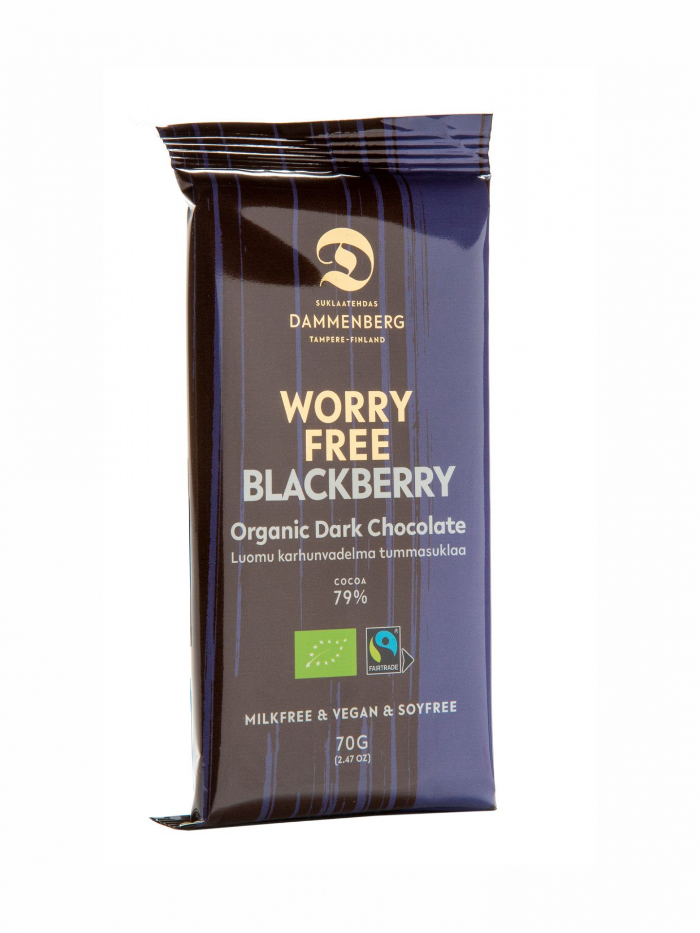 Worry free chocolate de amora 70g #Dammenberg sem glúten Barra de chocolate orgânico escuro com amora preta da marca Dammenberg em embalagem roxa