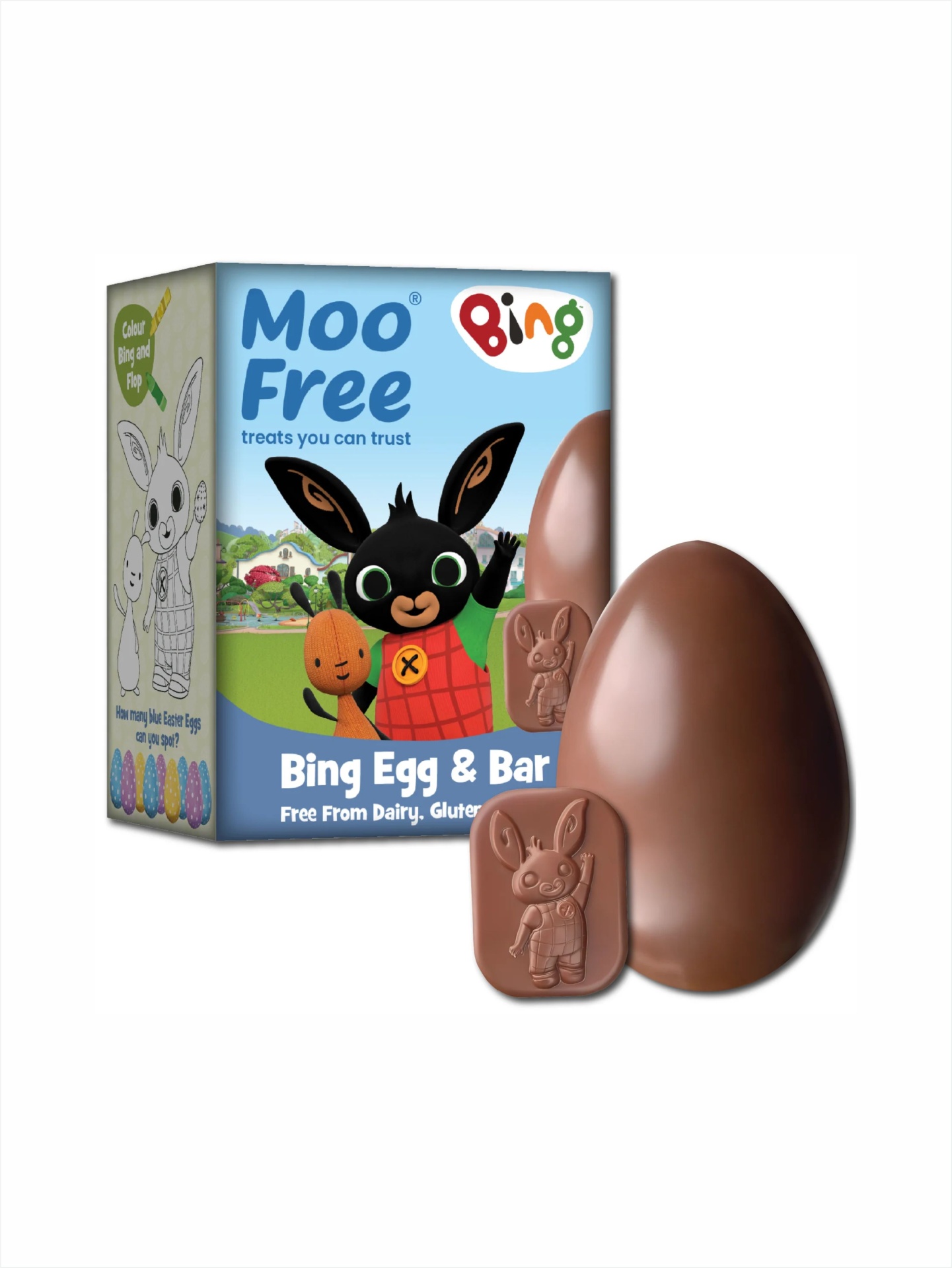 Ovo de Páscoa original #MooFree sem glúten Caixa azul com ovo e barra de chocolate Bing Moo Free