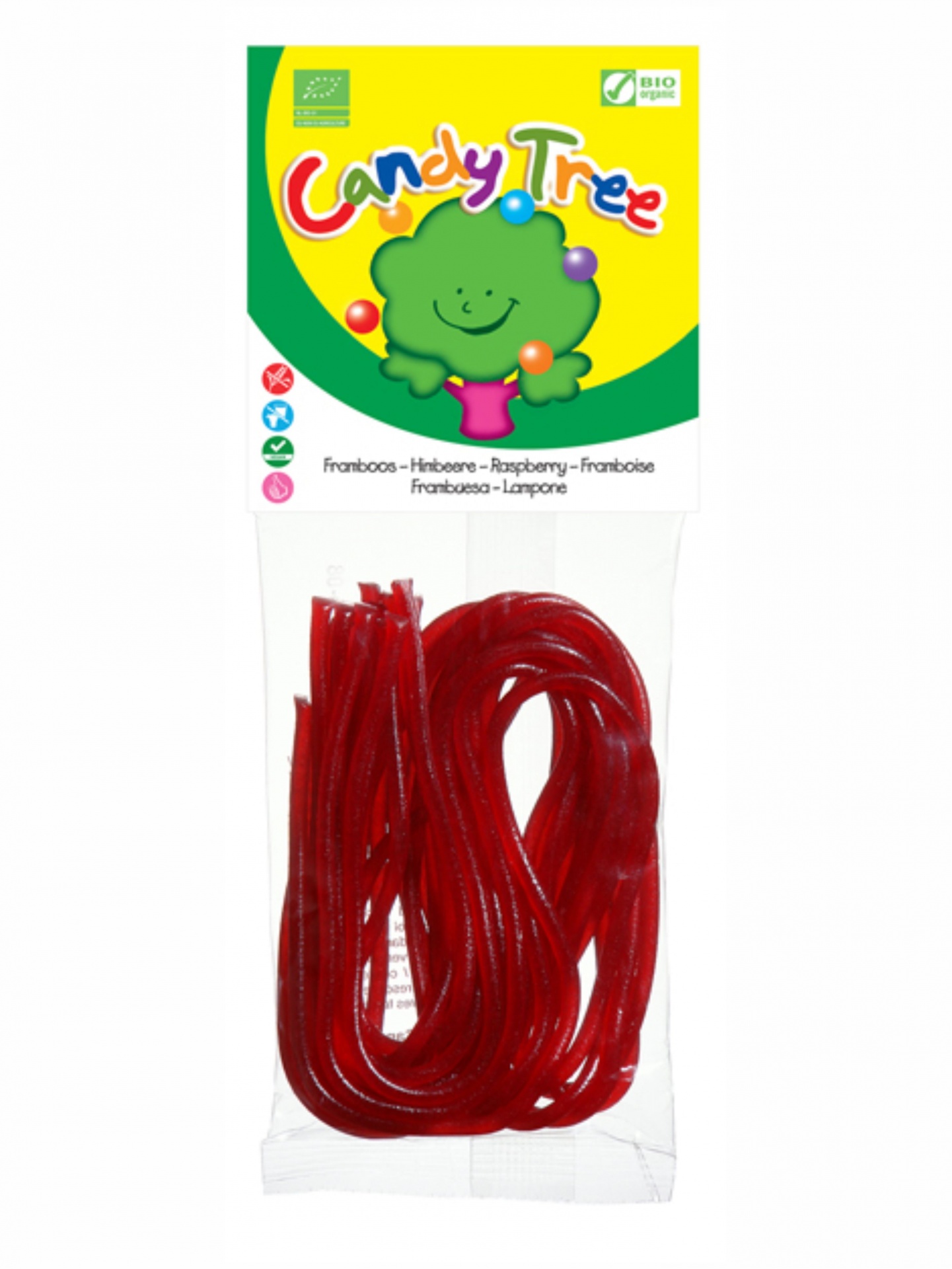 Fios de gomas sabor a framboesa #CandyTree s/glúten Pacote de doces vermelhos Candy Tree com rótulo amarelo e verde