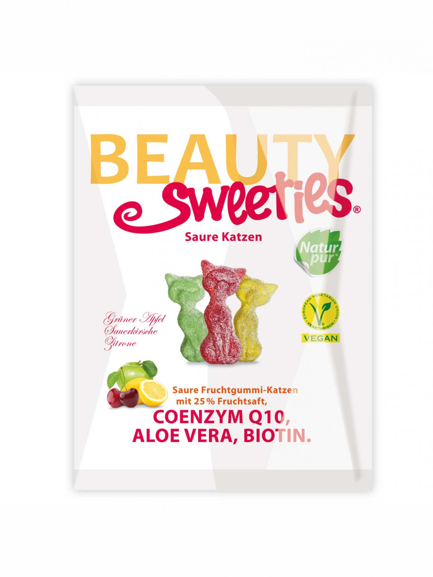 Gomas de fruta "gatos" #BeautySweeties sem glúten Embalagem branca com gomas de ursinhos coloridos e texto promocional em várias cores