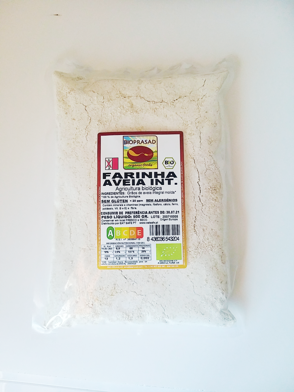 Farinha de aveia integral #Bioprasad sem glúten Pacote de farinha de aveia integral biológica Bioprasad com etiqueta informativa