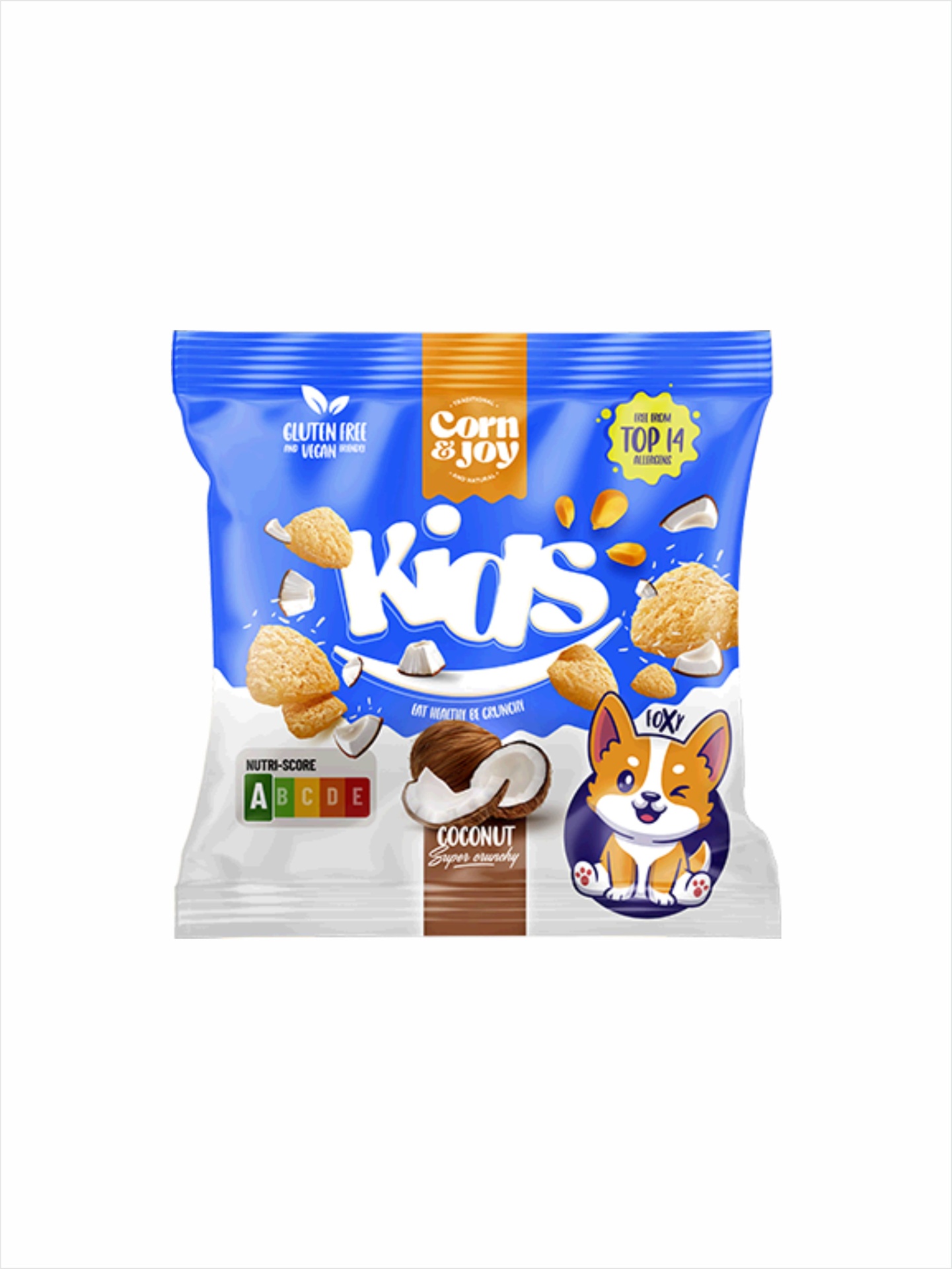 Snack infantil sabor a coco sem glúten #Corn&Joy Pacote de snacks sabor coco Kids Corn & Joy em cores azul e branco com desenho de cão cartoon.