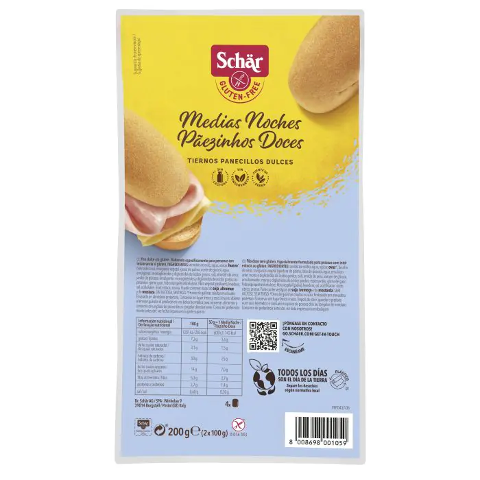 Pãezinhos doces #Schar sem glúten Embalagem de pão doce sem glúten Schär Medias Noches Pãezinhos Doces com tabela nutricional