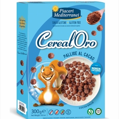 Embalagem azul de cereal Cereal Oro com bolinhas de cacau e esquilo animado.