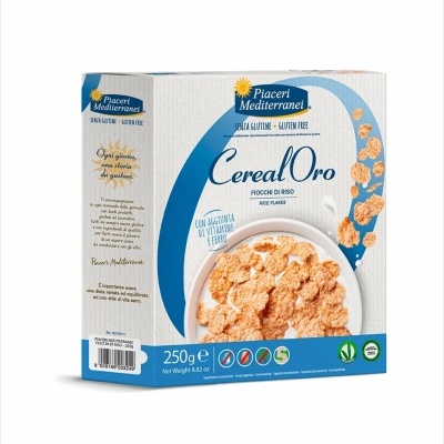 Embalagem de flocos de arroz CereaOro Piaceri Mediterranei branca e azul com 250g