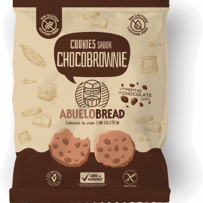 Pacote de cookies sabor chocobrownie da ABUELOBREAD com embalamento bege e castanho