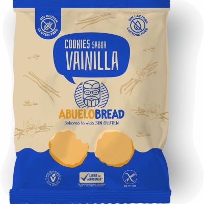 Pacote de bolachas sabor baunilha Abuelo Bread com embalagem creme e azul