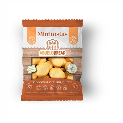 Embalagem de mini tostas ABUELO BREAD com fundo branco e fatias de pão tostado visíveis