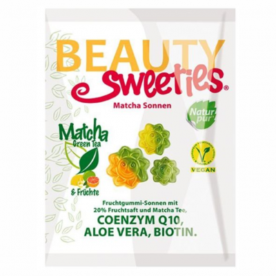 Embalagem branca de gomas coloridas em forma de sol com texto sobre matcha e ingredientes