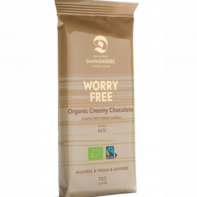 Barra de chocolate orgânico DAMMENBERG WORRY FREE na embalagem castanha clara
