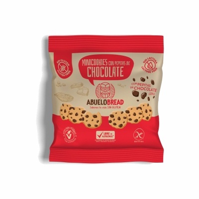 Embalagem vermelha e creme de minicroquetes com pepitas de chocolate ABUELO BREAD