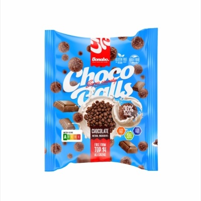 Pacote azul de cereais de chocolate crocantes Bonabo Choco Balls com texto e imagens de cereal e chocolate