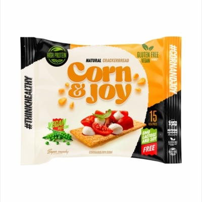 Embalagem Corn & Joy natural crackerbread com informações de alta proteína, sem glúten e vegan.