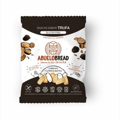Embalagem de snacks sabor trufa Abuelobread branco e castanho com texto e desenhos de snacks e trufas