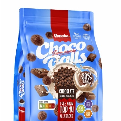 Pacote azul de cereais de chocolate crocantes Bonabo com várias informações nutricionais e etiquetas de ingredientes