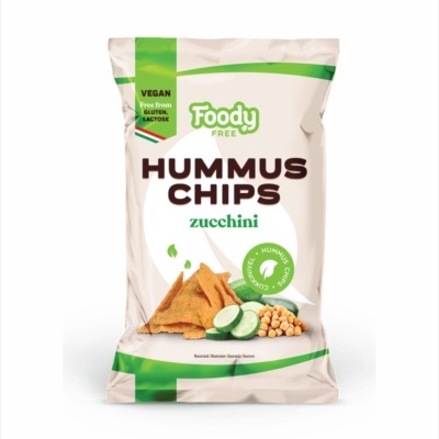 Pacote de Hummus Chips sabor zucchini com texto e imagens de snacks e ingredientes
