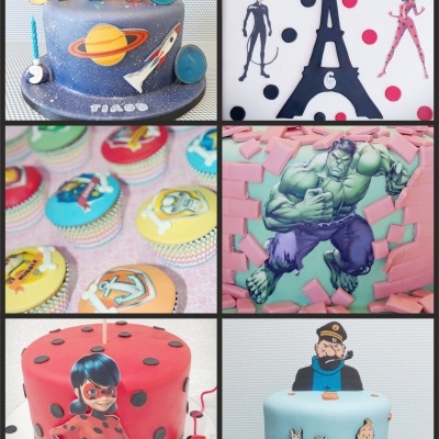 Coleção de bolos decorados com temas de planetas, super-heróis, Ladybug e Tintim em fundo neutro.