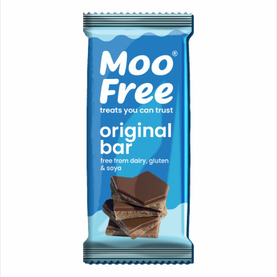 Barra de chocolate Moo Free original em embalagem azul