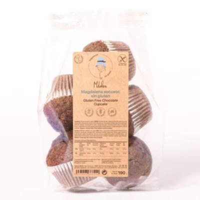 Pacote transparente de cupcakes de chocolate sem glúten com etiqueta castanha