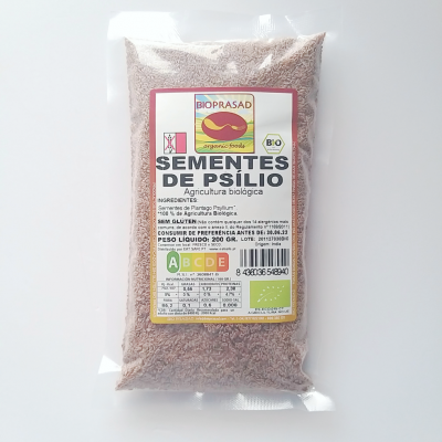 Pacote de sementes de psílio transparentes com etiqueta branca e amarela da marca BIOPRASAD