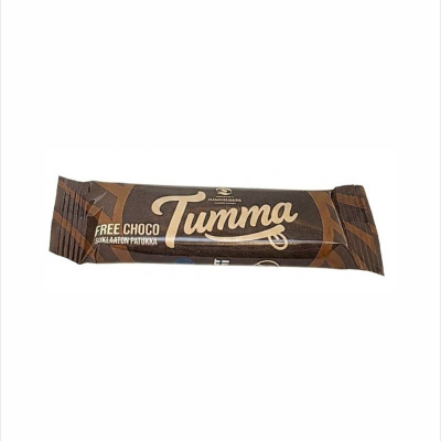 Barra de chocolate Tumma com embalagem castanha escura e texto bege