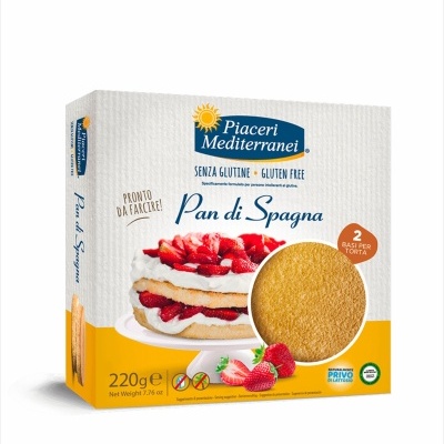 Embalagem de Pan di Spagna sem glúten com imagem de bolo de morango e chantilly