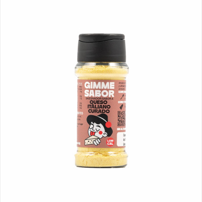 Frasco de tempero sabor queijo italiano curado com tampa preta e rótulo rosa