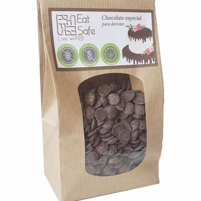 Pacote de chocolate especial para derreter Eat Safe em embalagem kraft com gotas de chocolate visíveis