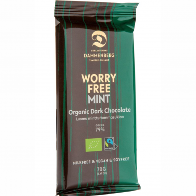 Barra de chocolate orgânico escuro de menta em embalagem verde e castanha.