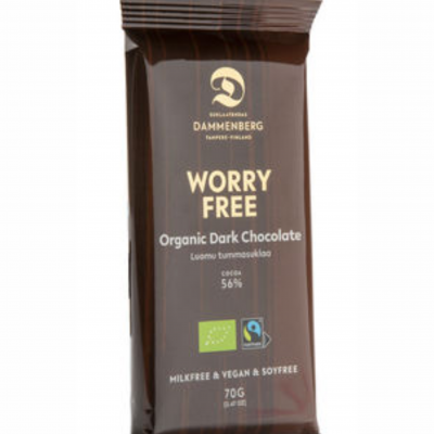 Embalagem de chocolate orgânico amargo da DAMMENBERG marrom com texto claro.