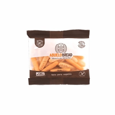 Embalagem de snacks Abuelo Bread com texto e símbolos de sem glúten e apto para veganos