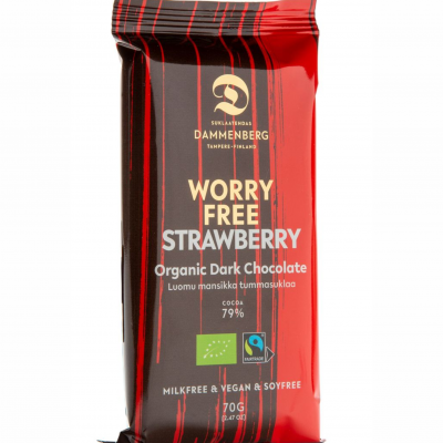 Barra de chocolate orgânico escuro sabor morango com embalagem vermelha e preta da marca DAMMENBERG