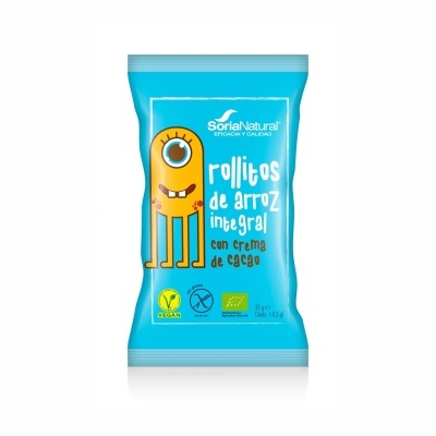 Pacote azul de rolinhos de arroz integral com creme de cacau