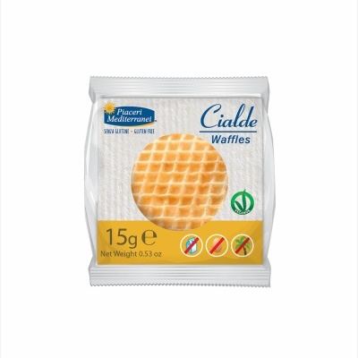 Pacote branco de waffle com texto e símbolos, 15g, sem glúten, vegan.