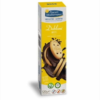 Embalagem de bolachas Piaceri Mediterranei Dobloni White com creme de avelã
